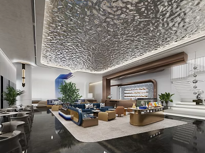 Modern Sales Center Interior With Elegant Ceiling Design Sofa Area And Green Plants 3d model