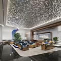 Modern Sales Center Interior With Elegant Ceiling Design Sofa Area And Green Plants