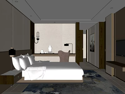 Modern Hotel Guest Room Interior Featuring Large Bed White Bedding Writing Desk And TV 3d model