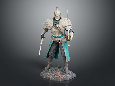 Elaborate Armored Warrior Character Standing With Dual Swords On Decorative Base 3d model