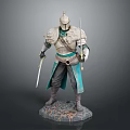 Elaborate Armored Warrior Character Standing With Dual Swords On Decorative Base