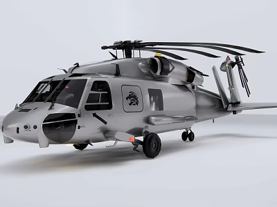 Silver Helicopter With Dual Rotors Fuselage Windows And Landing Gear On Ground 3d model