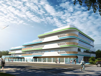 Modern Multistory Curved School Building With White Green Blue Stripes And Pedestrians Under Blue Sky 3d model