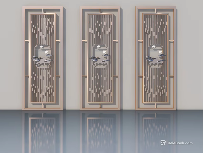 Modern Casement Doors With Light Frame And Decorative Glass Panels 3d model 