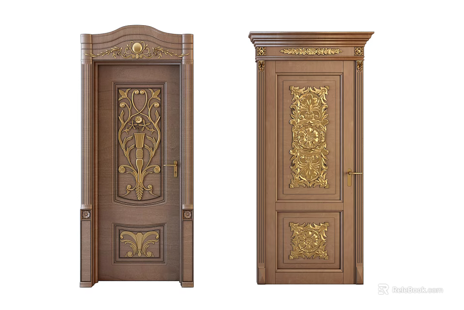 Classical Wooden Swing Door With Intricate Golden Carvings And Decorative Details 3d model 