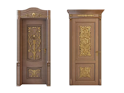 Classical Wooden Swing Door With Intricate Golden Carvings And Decorative Details 3d model
