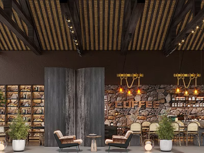 Rustic Café Interior With Wooden Striped Ceiling Stone Wall COFFEE Sign Pendant Lights And Bookshelves 3d model