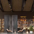 Rustic Café Interior With Wooden Striped Ceiling Stone Wall COFFEE Sign Pendant Lights And Bookshelves