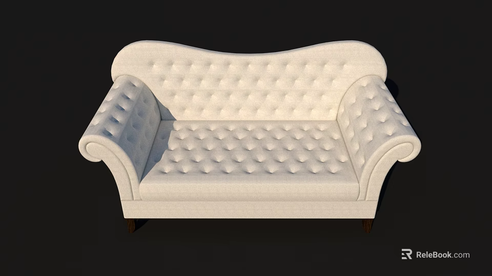 Elegant White Tufted Sofa With Rolled Arms And Wooden Legs Design 3d model 