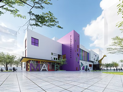 Modern School Building With White And Purple Facade Geometric Windows Open Plaza And Green Trees 3d model