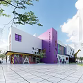 Modern School Building With White And Purple Facade Geometric Windows Open Plaza And Green Trees
