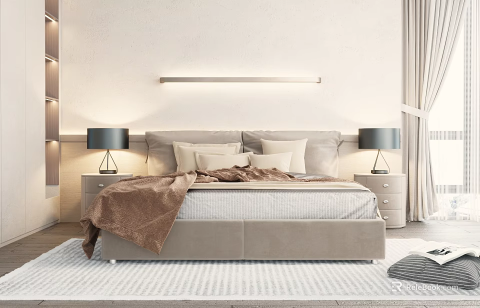 Modern Double Bed with Pillows Brown Blanket Nightstands and Table Lamps 3d model 