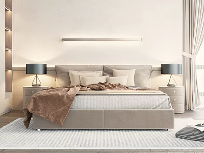 Modern Double Bed with Pillows Brown Blanket Nightstands and Table Lamps 3d model