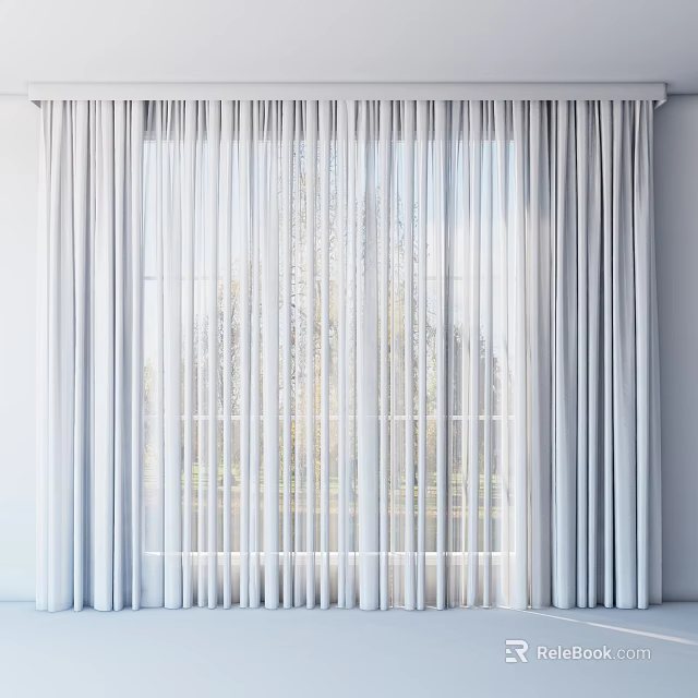 Modern Light Colored Sheer Window Curtains With Floor Length Design And Natural Tree View Outside 3d model 