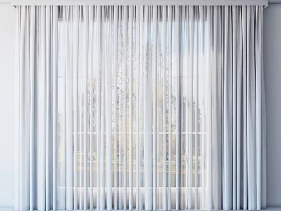 Modern Light Colored Sheer Window Curtains With Floor Length Design And Natural Tree View Outside 3d model