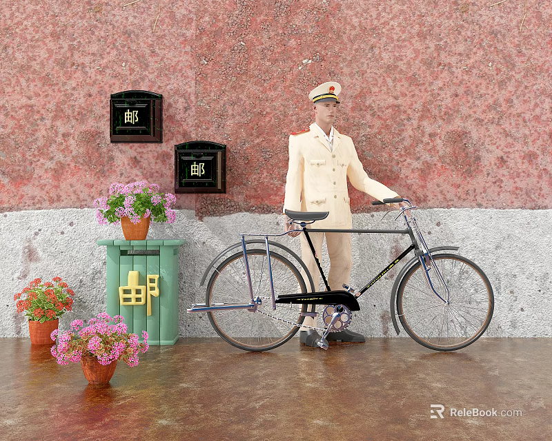 Vintage Postman Standing By Bicycle Near Mailboxes Trash Can And Flower Pots 3d model 