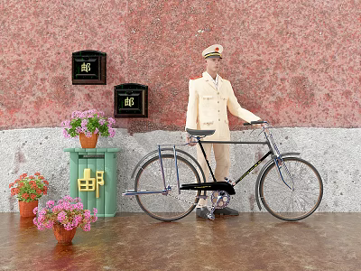 Vintage Postman Standing By Bicycle Near Mailboxes Trash Can And Flower Pots 3d model