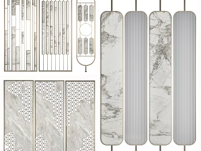 Chinese Modern Partition Design With Wooden Frames Lattice Patterns And Landscape Panels 3d model