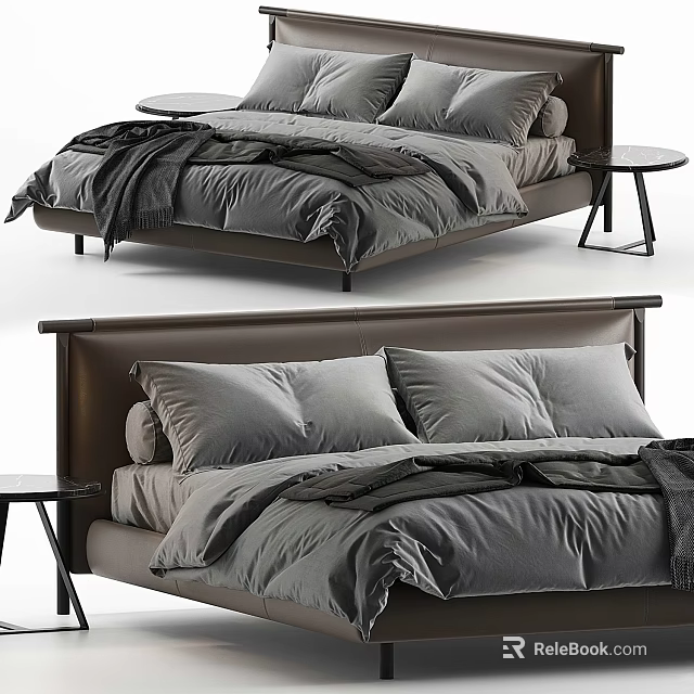 Modern Double Bed With Upholstered Headboard Gray Bedding Pillows And Side Table 3d model 