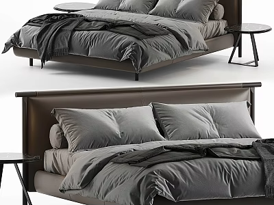 Modern Double Bed With Upholstered Headboard Gray Bedding Pillows And Side Table 3d model