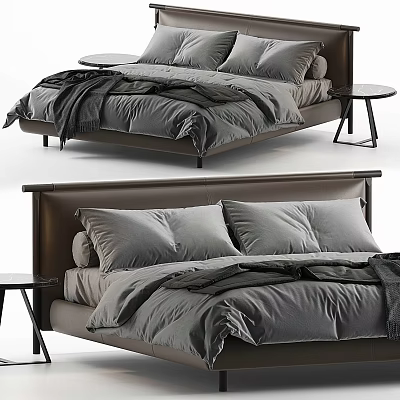 Modern Double Bed With Upholstered Headboard Gray Bedding Pillows And Side Table 3d model