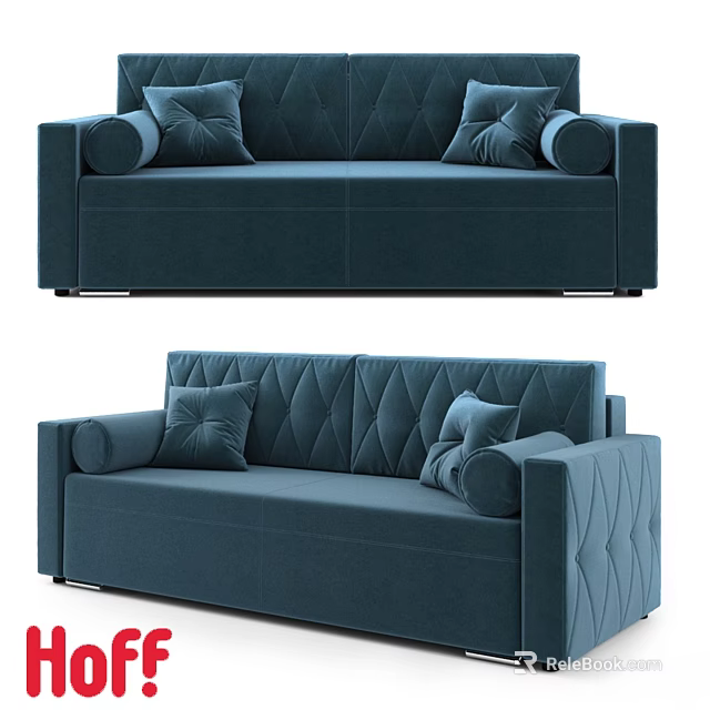 Modern Blue Fabric Double Sofa With Diamond Stitching And Decorative Pillows 3d model