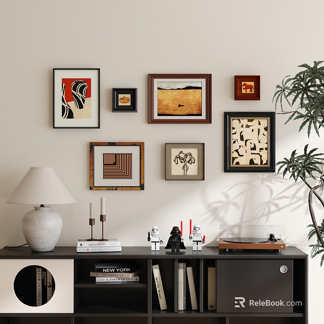 Abstract Paintings Framed Wall Art With Geometric Patterns And Interior Plant Home Decor 3d model 