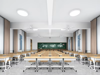 Bright School Classroom With Desks Chairs Blackboard And Ceiling Fans 3d model