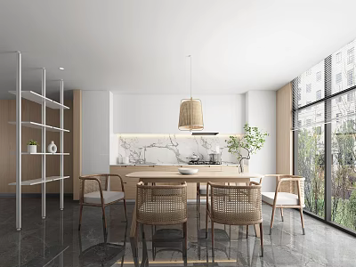 Modern Restaurant Interior With Open Kitchen Dining Table Wicker Chairs Pendant Light And Large Windows 3d model