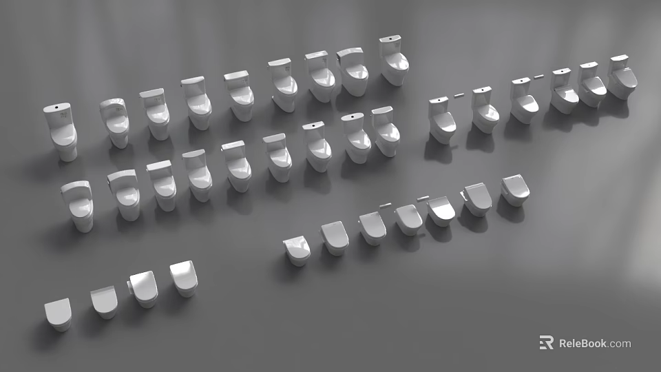 Multiple White Toilet Models Neatly Arranged On Gray Background 3d model