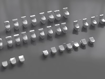 Multiple White Toilet Models Neatly Arranged On Gray Background 3d model