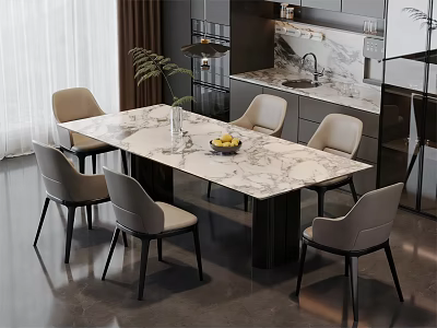Elegant Modern Dining Table Set With Marble Top And Six Comfortable Chairs 3d model