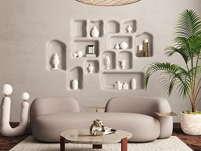 Beige Sectional Sofa In Modern Living Room With Coffee Table Wall Shelves And Palm Plant 3d model