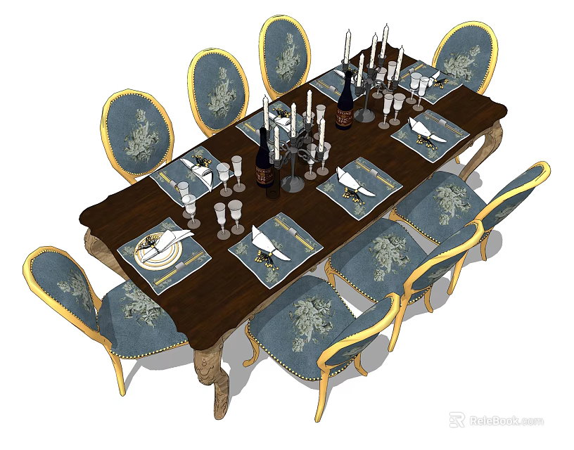 Elegant Classical Wooden Dining Table Set With Blue Golden Ornate Chairs Tableware And Candle Holders 3d model 