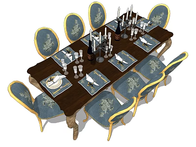 Elegant Classical Wooden Dining Table Set With Blue Golden Ornate Chairs Tableware And Candle Holders 3d model