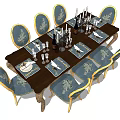 Elegant Classical Wooden Dining Table Set With Blue Golden Ornate Chairs Tableware And Candle Holders