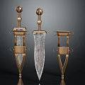 Ancient Ornate Weapons With Gold Sheaths Hilts And Central Silver Blade 3d model