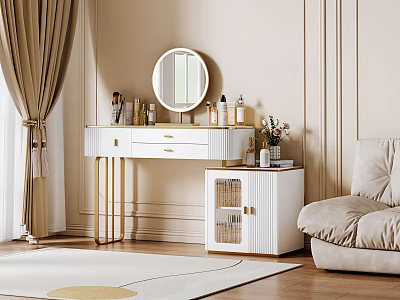 Modern White Dressing Table With Round Mirror Golden Legs Storage Drawers Cosmetics Flower Vase 3d model