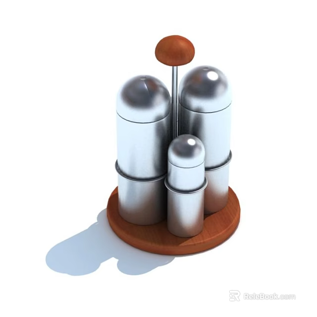 Food Seasoning Containers Three Silver Metal Spice Jars On Wooden Base For Kitchen Use 3d model 