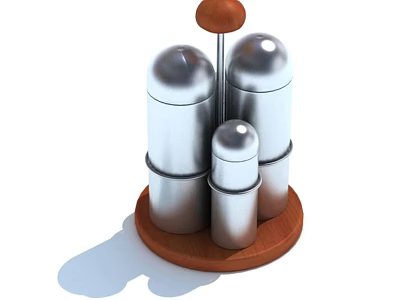 Food Seasoning Containers Three Silver Metal Spice Jars On Wooden Base For Kitchen Use 3d model