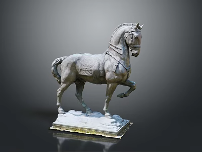 Ancient Bronze Horse Sculpture in Standing Pose with Detailed Saddle and Square Base 3d model