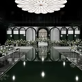 Luxurious Banquet Hall With Crystal Chandelier Reflective Floor Dining Tables Chairs And Flower Decorations