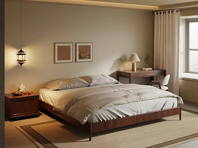Cozy Bedroom Interior Design With Wooden Bed Framed Artworks And Desk Chair 3d model