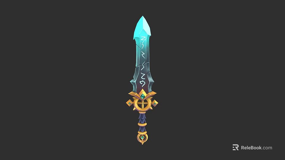 Enchanted Fantasy Sword With Blue Blade Ancient Runes And Golden Hilt Gemstone 3d model 