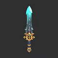 Enchanted Fantasy Sword With Blue Blade Ancient Runes And Golden Hilt Gemstone
