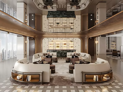 Luxurious Hotel Lobby Interior With Two Story Design Marble Bar And Sofas 3d model