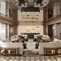 Luxurious Hotel Lobby Interior With Two Story Design Marble Bar And Sofas