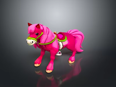Pink Toy Pony With Green Bridle Saddle And Shiny Reflection On Black Background 3d model