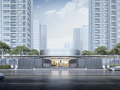 Modern Entrance Gate Design With High Rise Buildings Surrounding Trees And Lighting 3d model