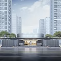Modern Entrance Gate Design With High Rise Buildings Surrounding Trees And Lighting